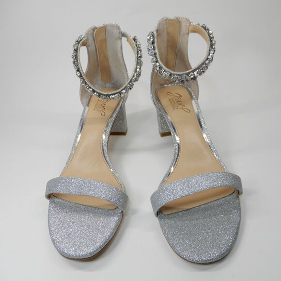 Jewel Badgley Mischka Catalina Ankle Strap Block Heel Sandals 8 Silver Glitter - Picture 7 of 15